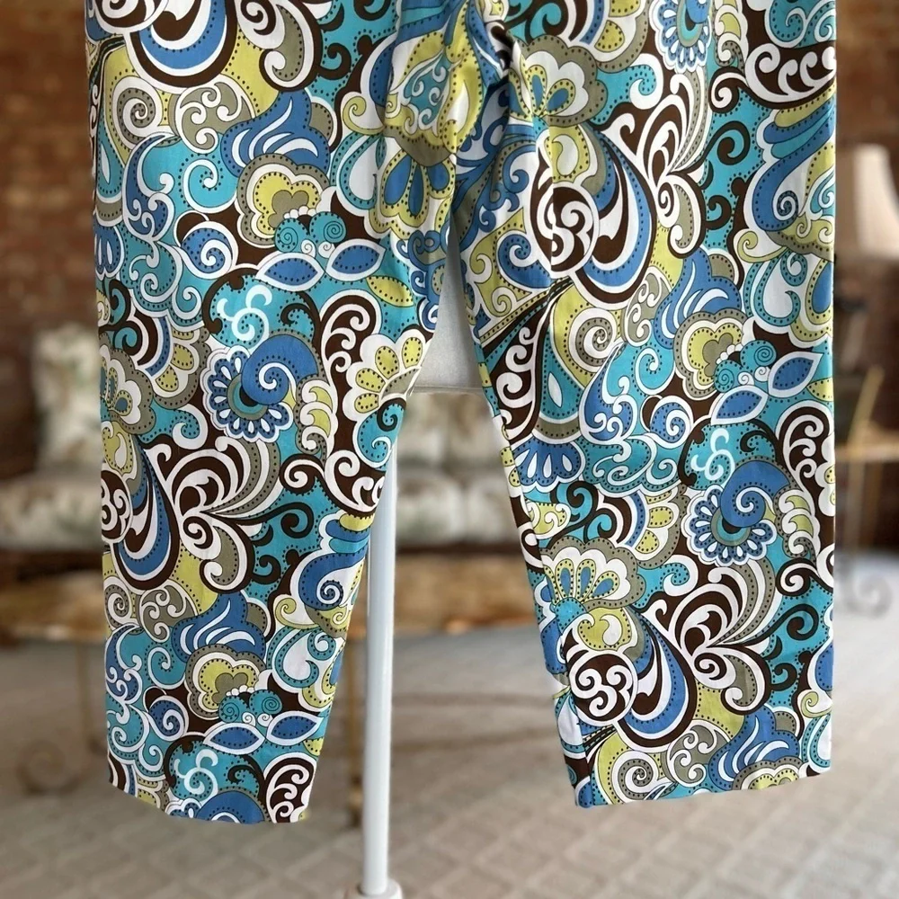 Boston Proper Blue Teal Paisley Cropped Capri Pants Retro Fits a Small